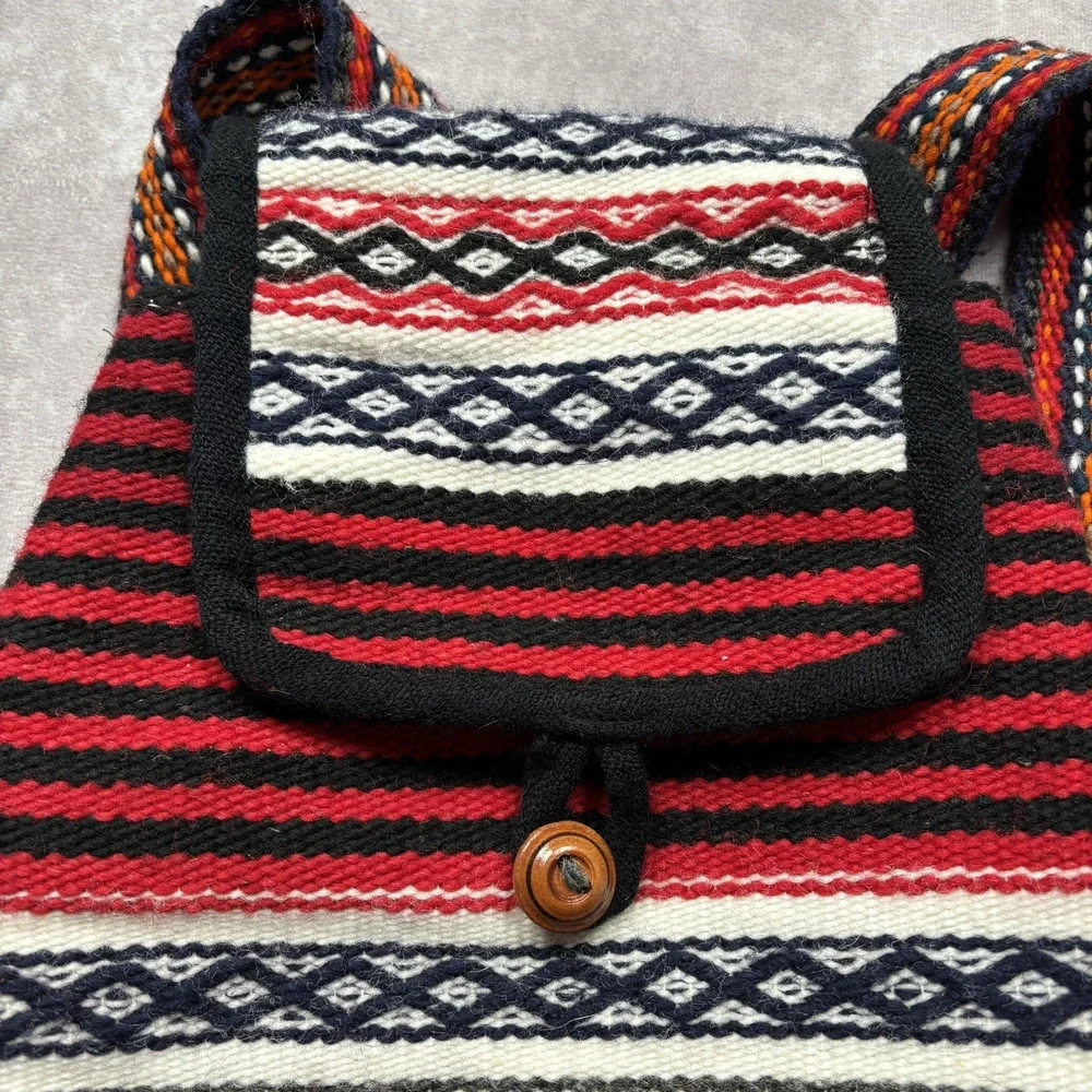 Vintage Ecuador Tejidos Folklor Otavaleño 100% Wool Handmade Woven Backpack Boho